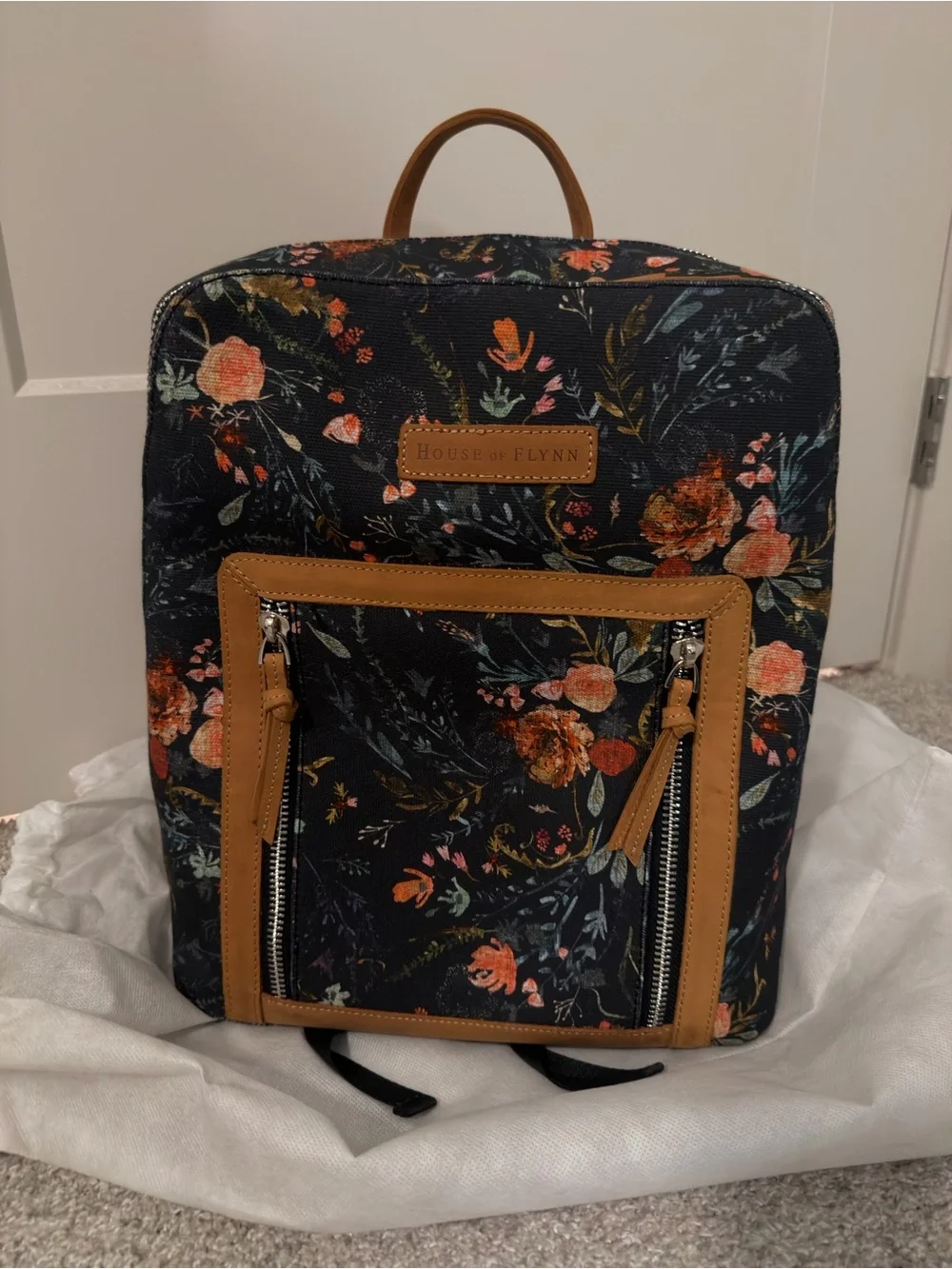 House of Flynn Floral Canvas Olivia Backpack in Black